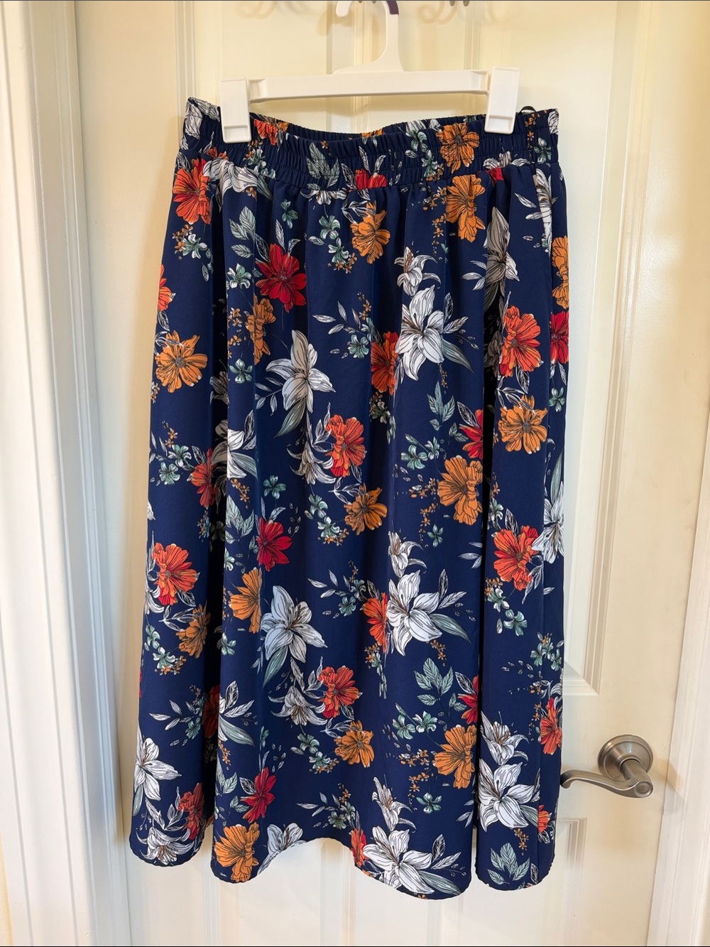 BloomChic Navy Floral A-Line Midi Skirt with Elastic Waistband